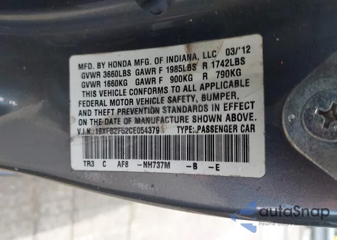 2012 Honda Civic Lx from USA, damaged, VIN 19XFB2F52CE054379